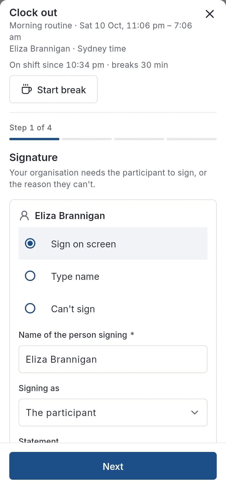 Clock out step 1 of 4: the participant's signature.
