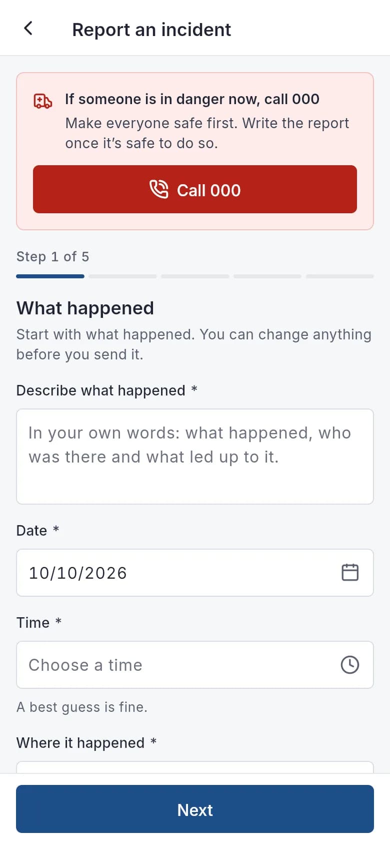 Report an incident, step 1 of 5, starting with whether anyone is hurt.