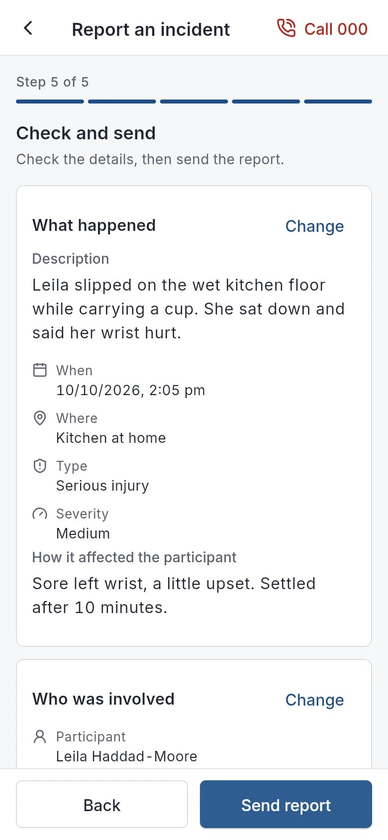 The incident report's check-and-send step in the app.