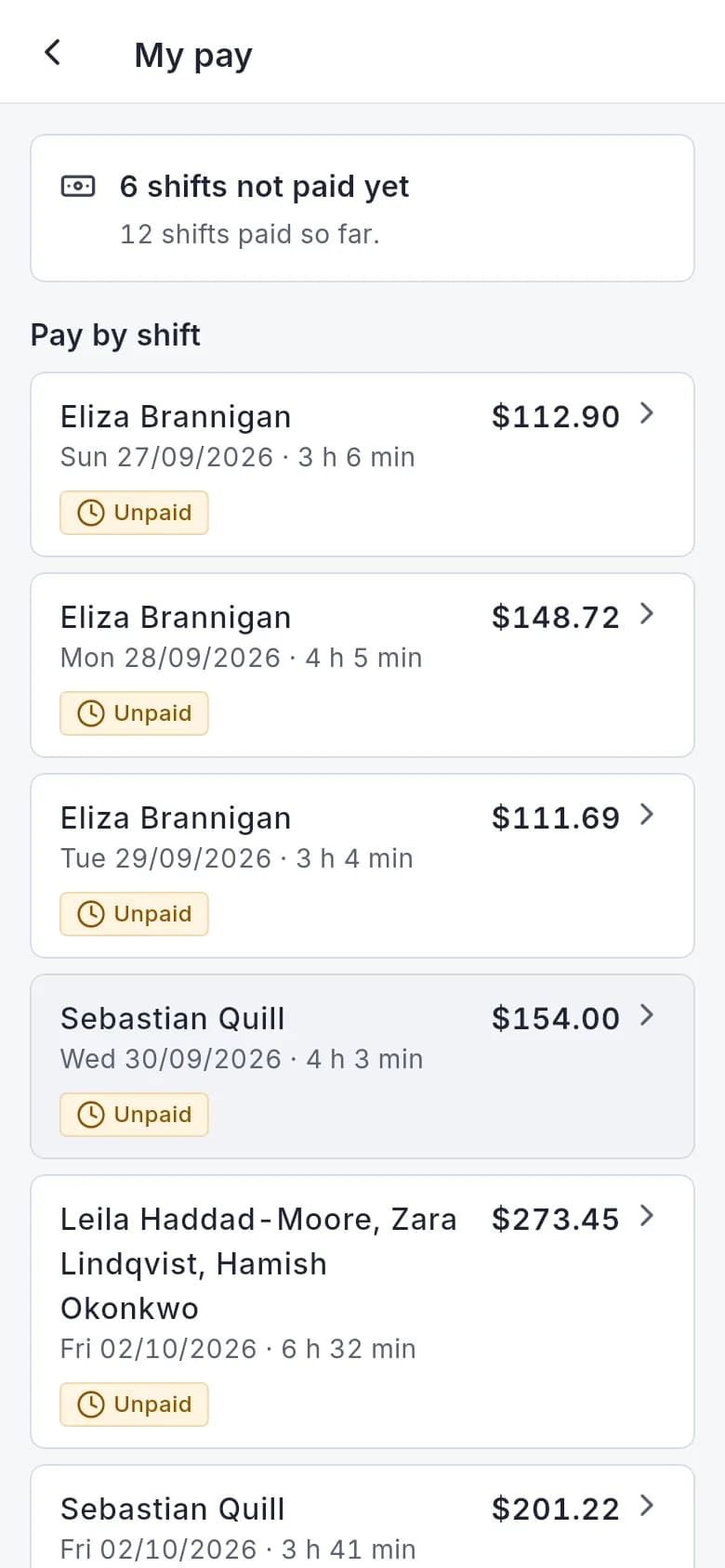 My pay: pay for each shift, paid or not yet paid.