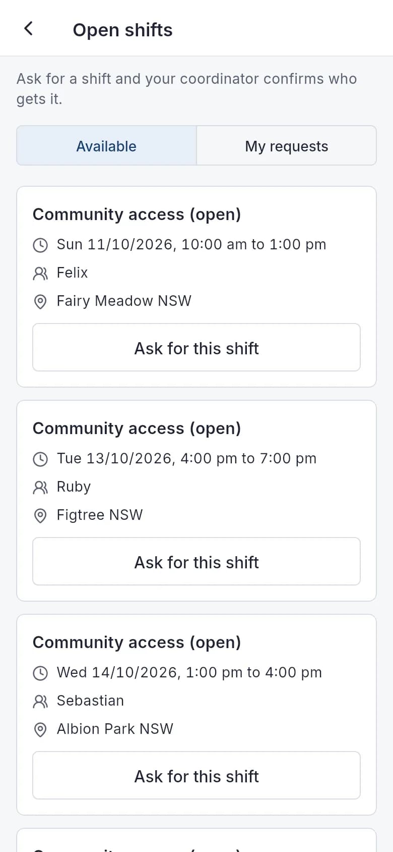 Open shifts the worker is eligible for, with Ask for this shift.