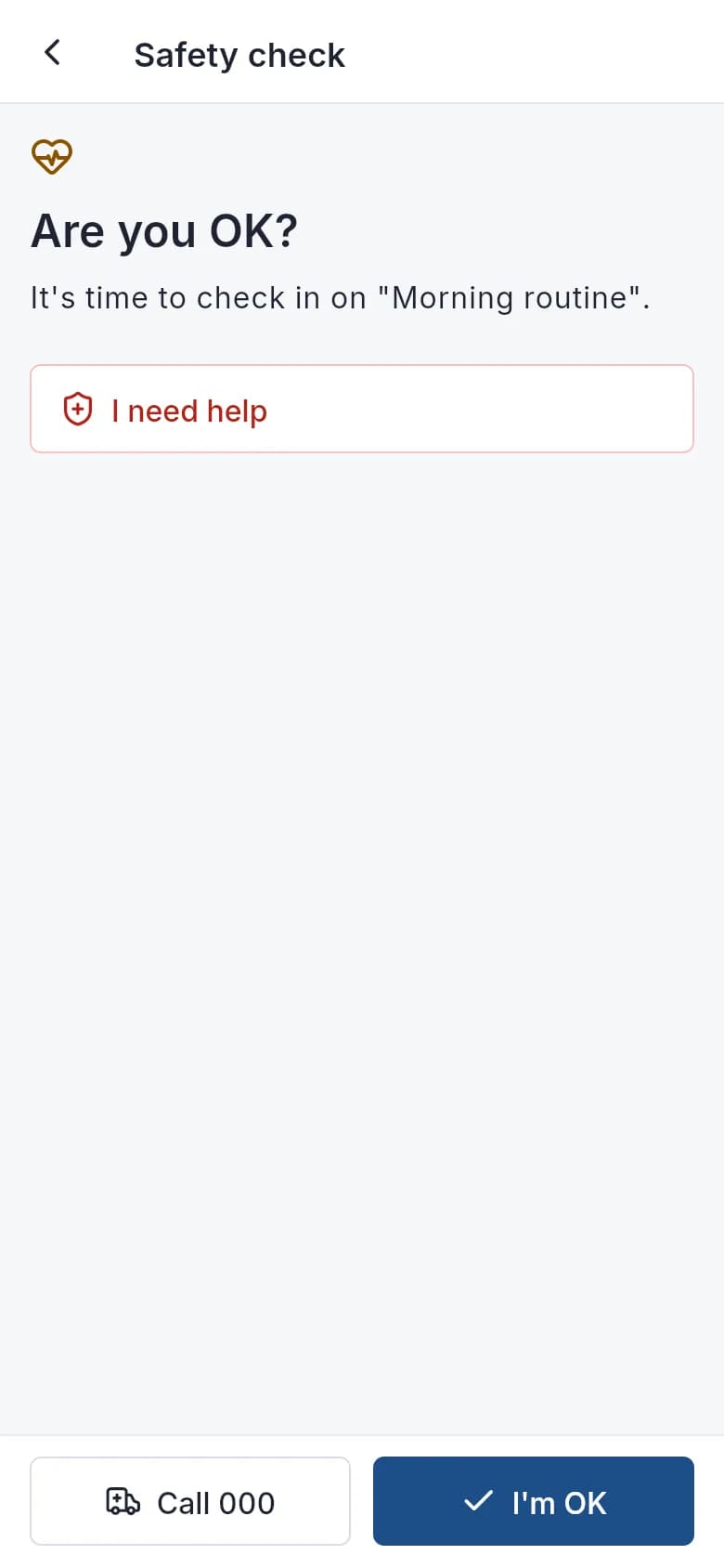 The app's Are you OK? check when a worker working alone is overdue, with I'm OK, I need help and Call 000.