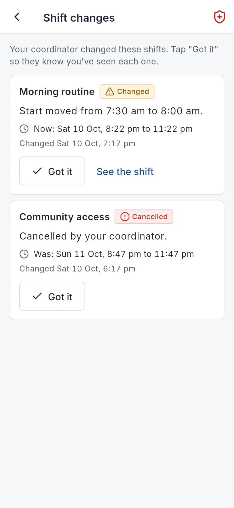 Shift changes with before and after, and a Got it button.