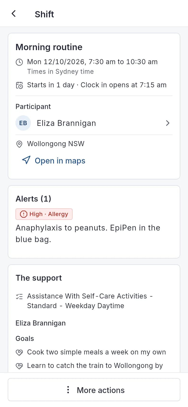 A shift in the app: the address with a maps link, alerts, the support item and the participant's goals, before arrival.