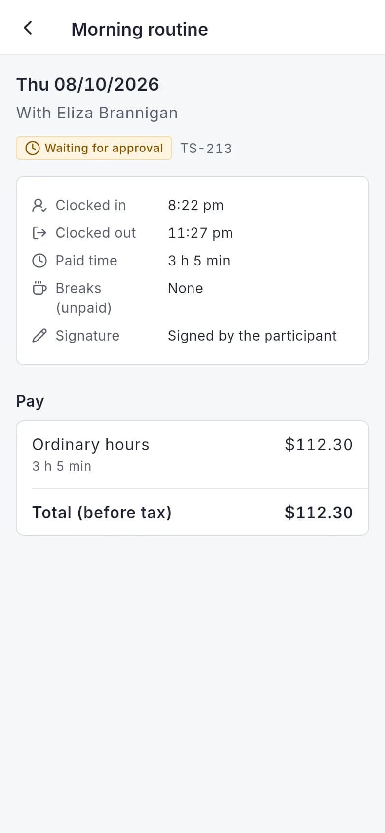 The worker's timesheet detail in the app: clock times, breaks, signature and pay lines.