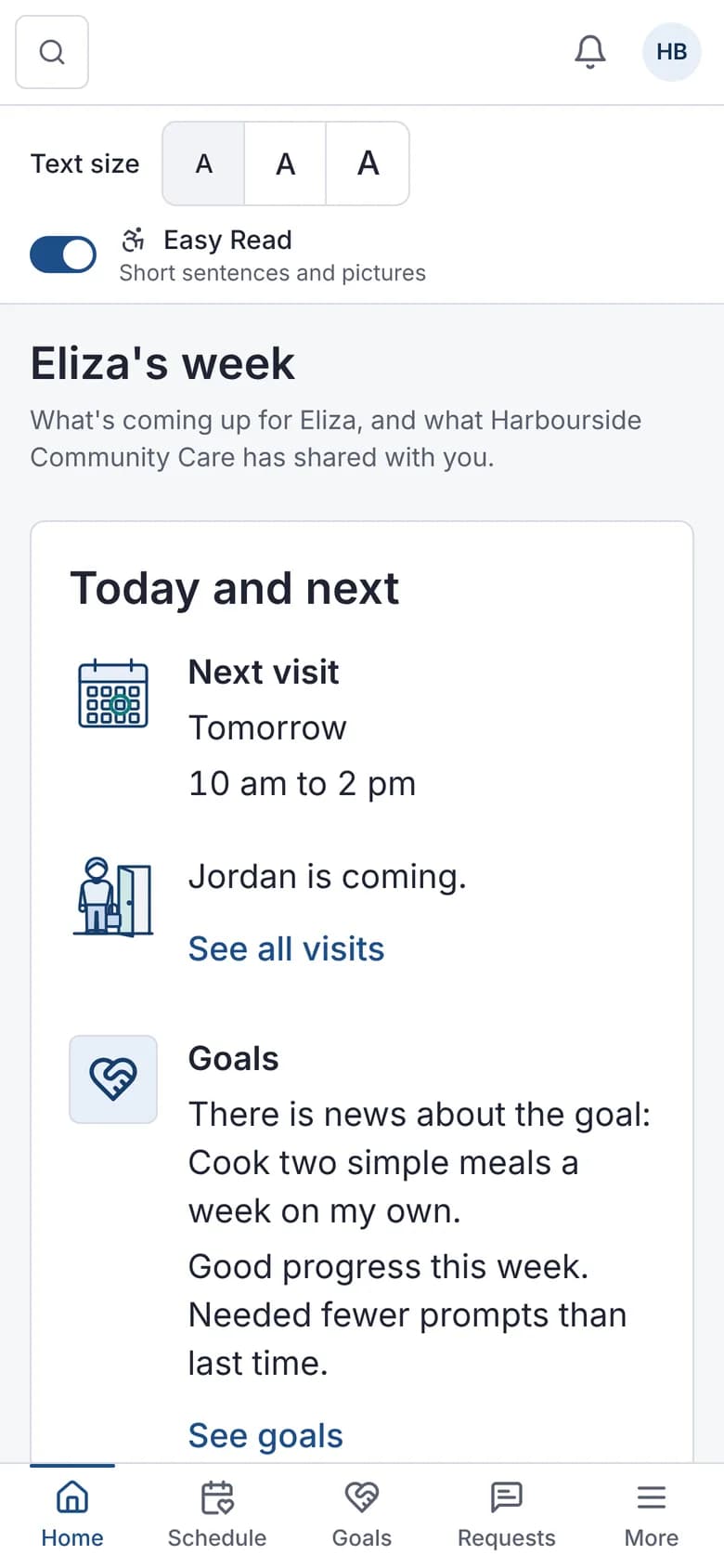 Family portal in Easy Read on a phone, with the text size control.