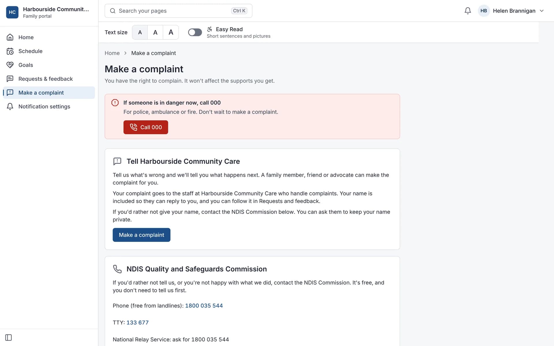 Family portal Make a complaint page with 000, the provider and NDIS Commission contacts.