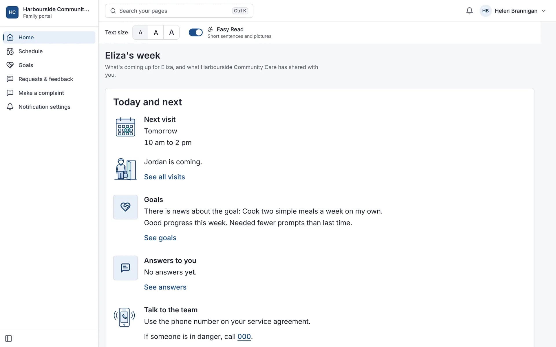 Family portal home in Easy Read mode, with short sentences, pictures and a text size control.