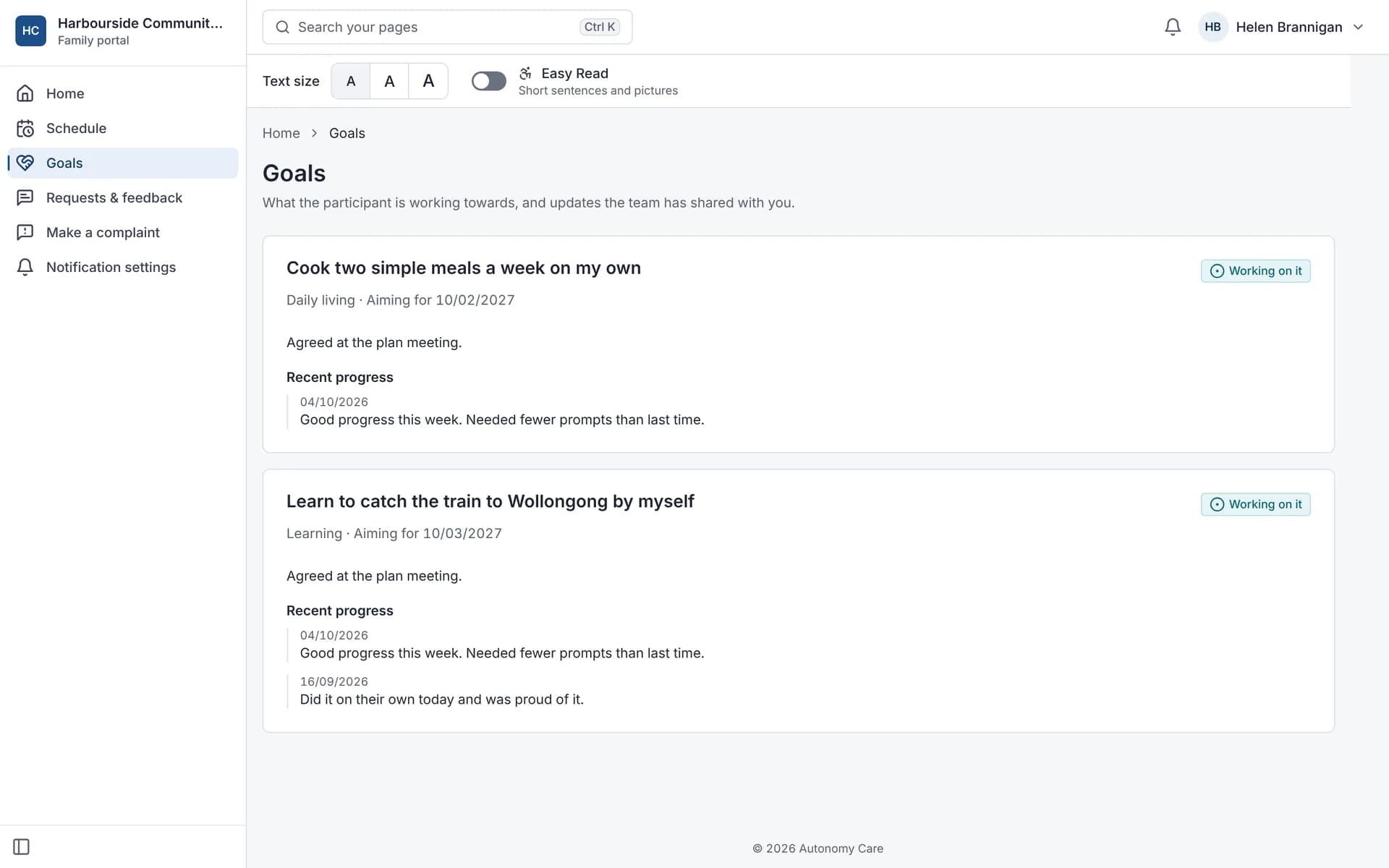 Family portal goals with progress updates the team chose to share.