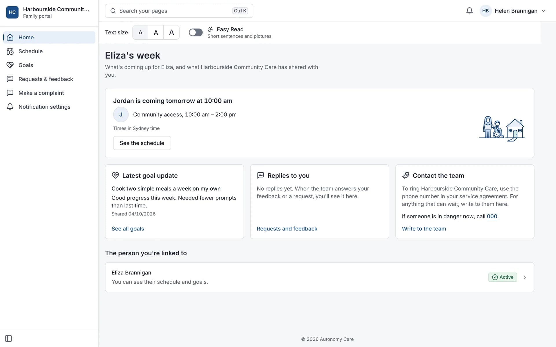 Family portal home: who is coming tomorrow and when, the latest goal update, and how to contact the team.