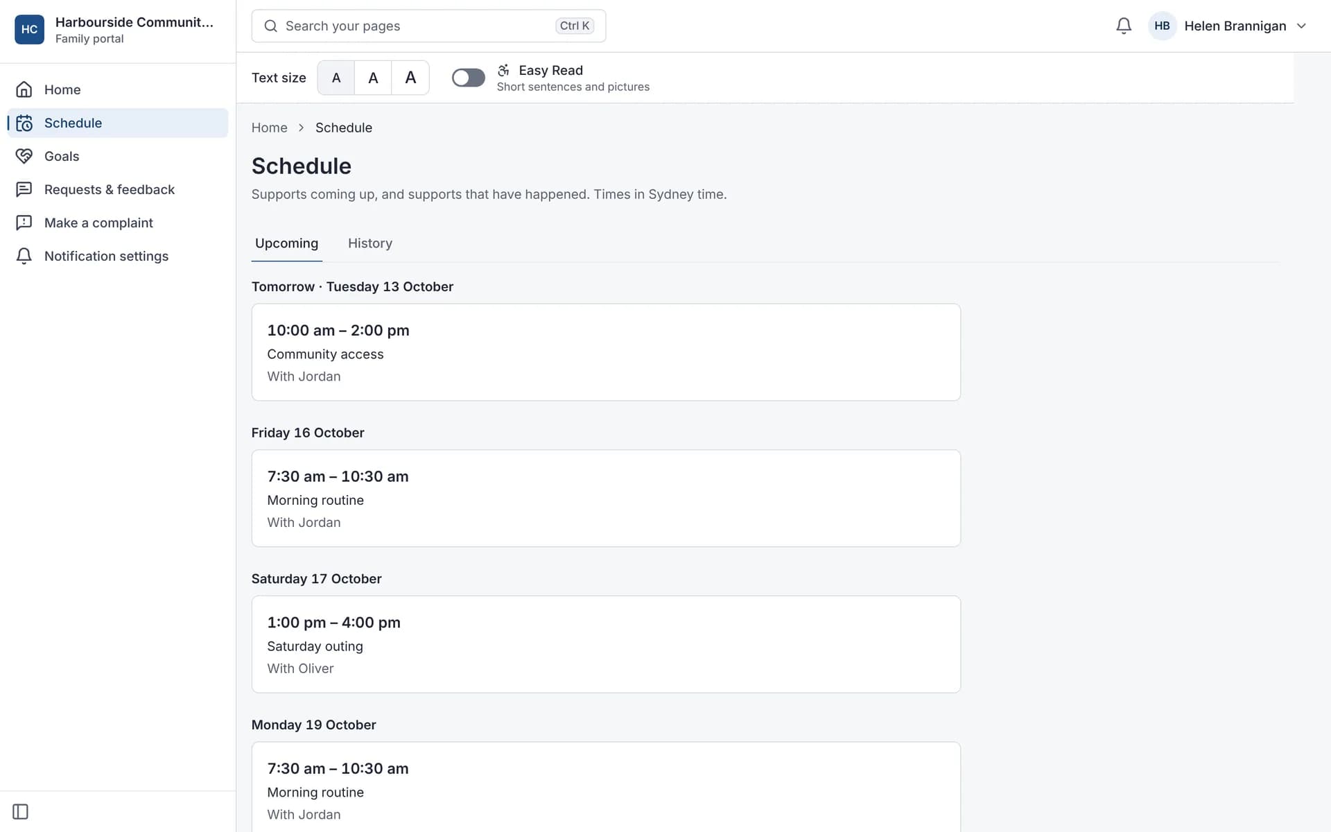 Family portal schedule: upcoming supports with times and the support worker's first name.