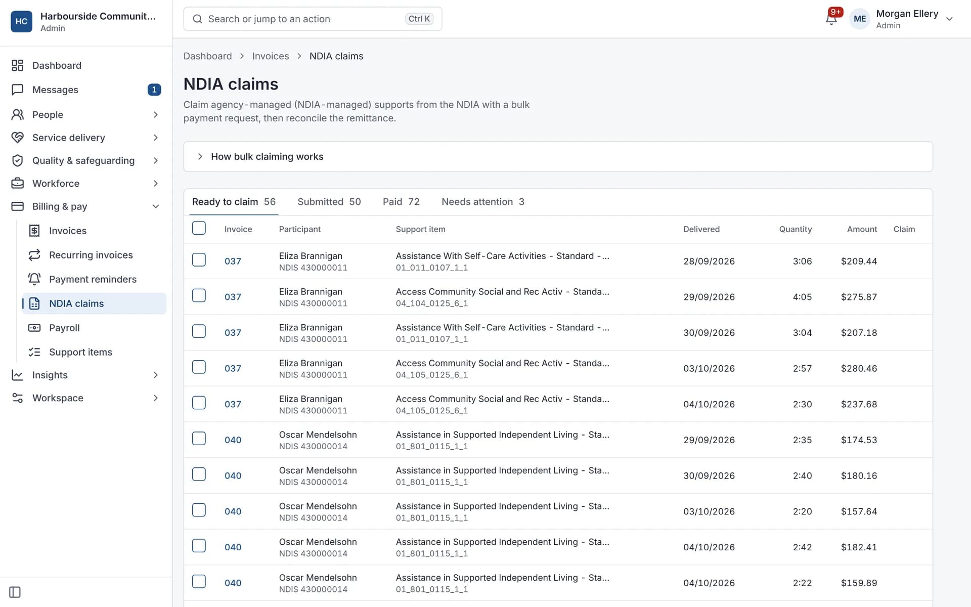 NDIA claims ready to claim: agency-managed supports grouped into a bulk payment request file for the myplace provider portal.