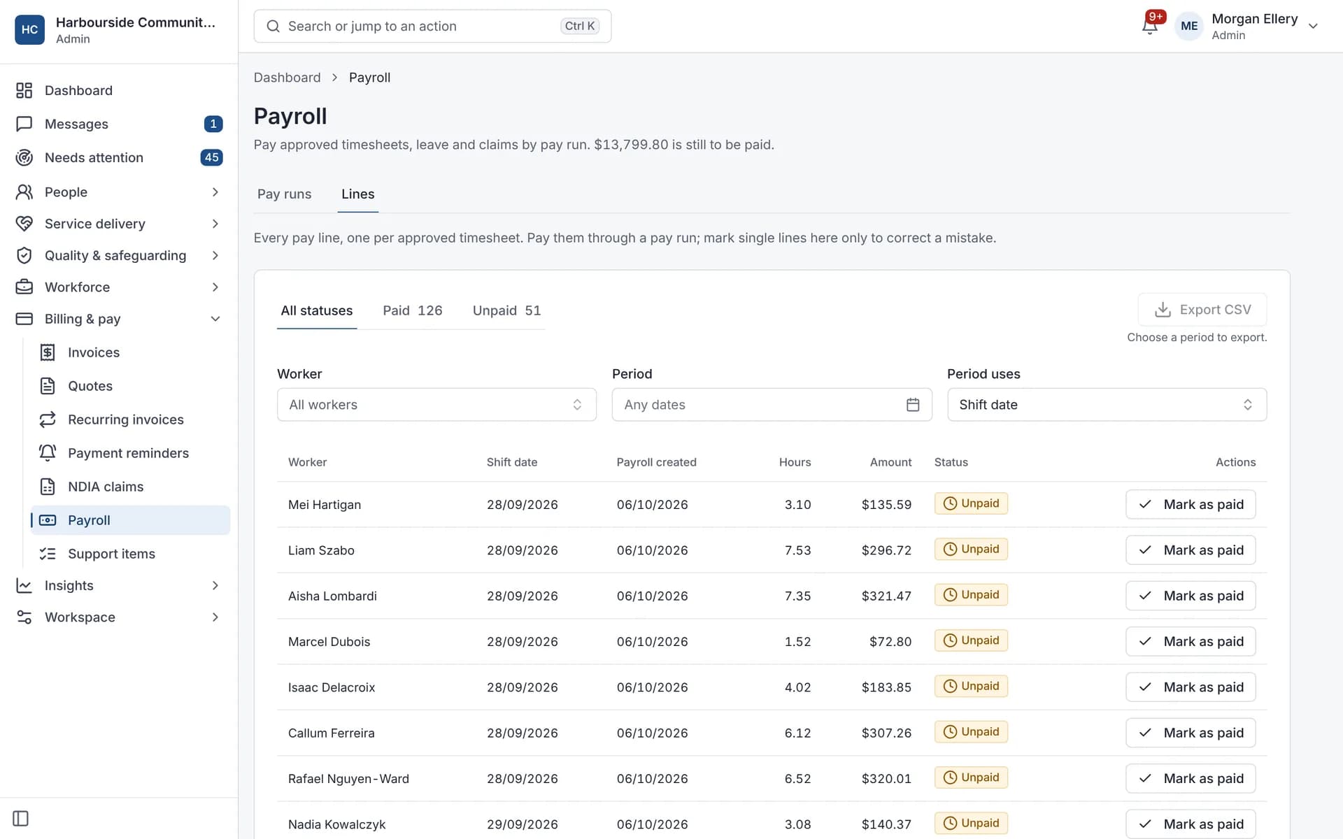 Payroll lines: each approved timesheet as a pay line, paid or unpaid, with CSV export.