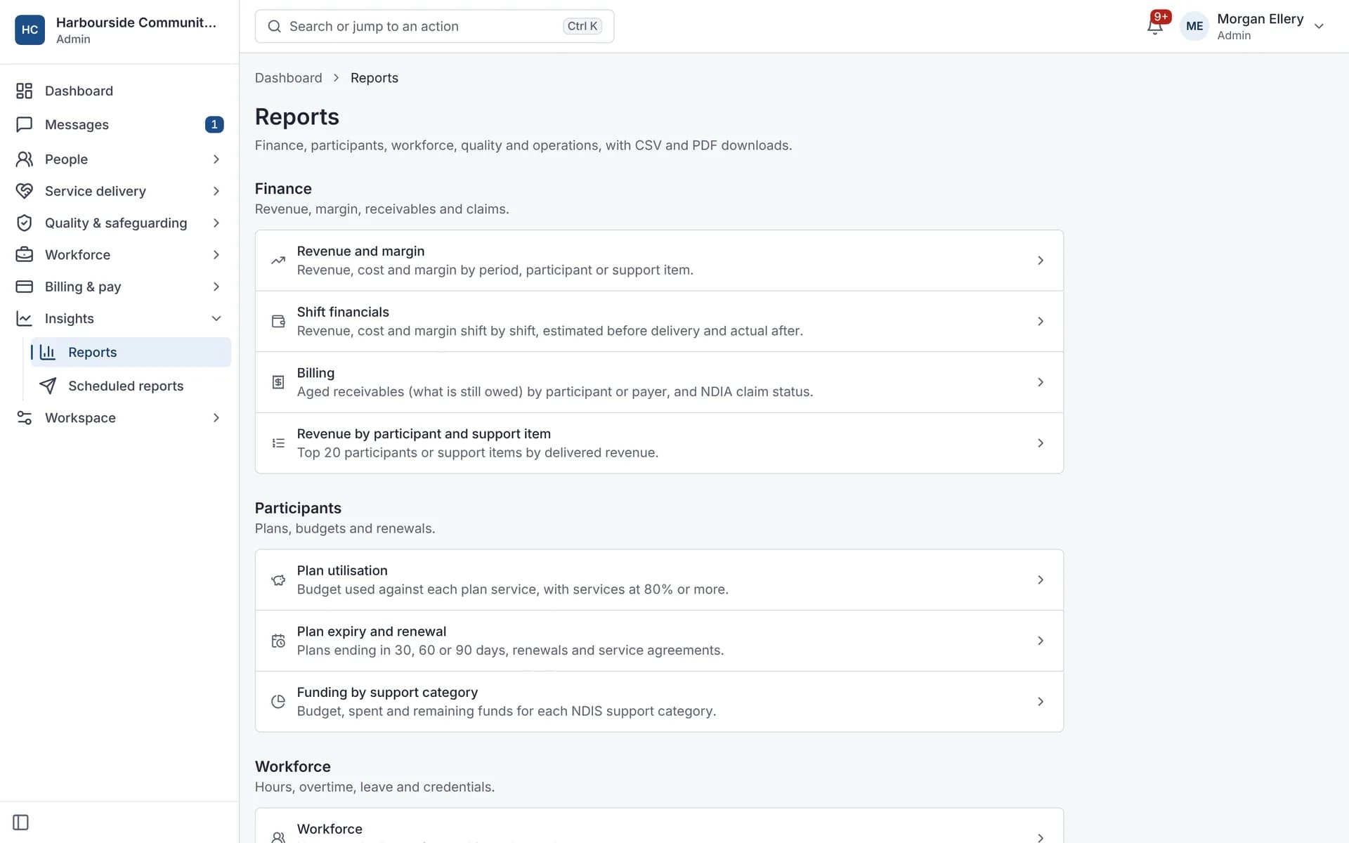 Reports: finance, participant and workforce reports with CSV and PDF downloads.