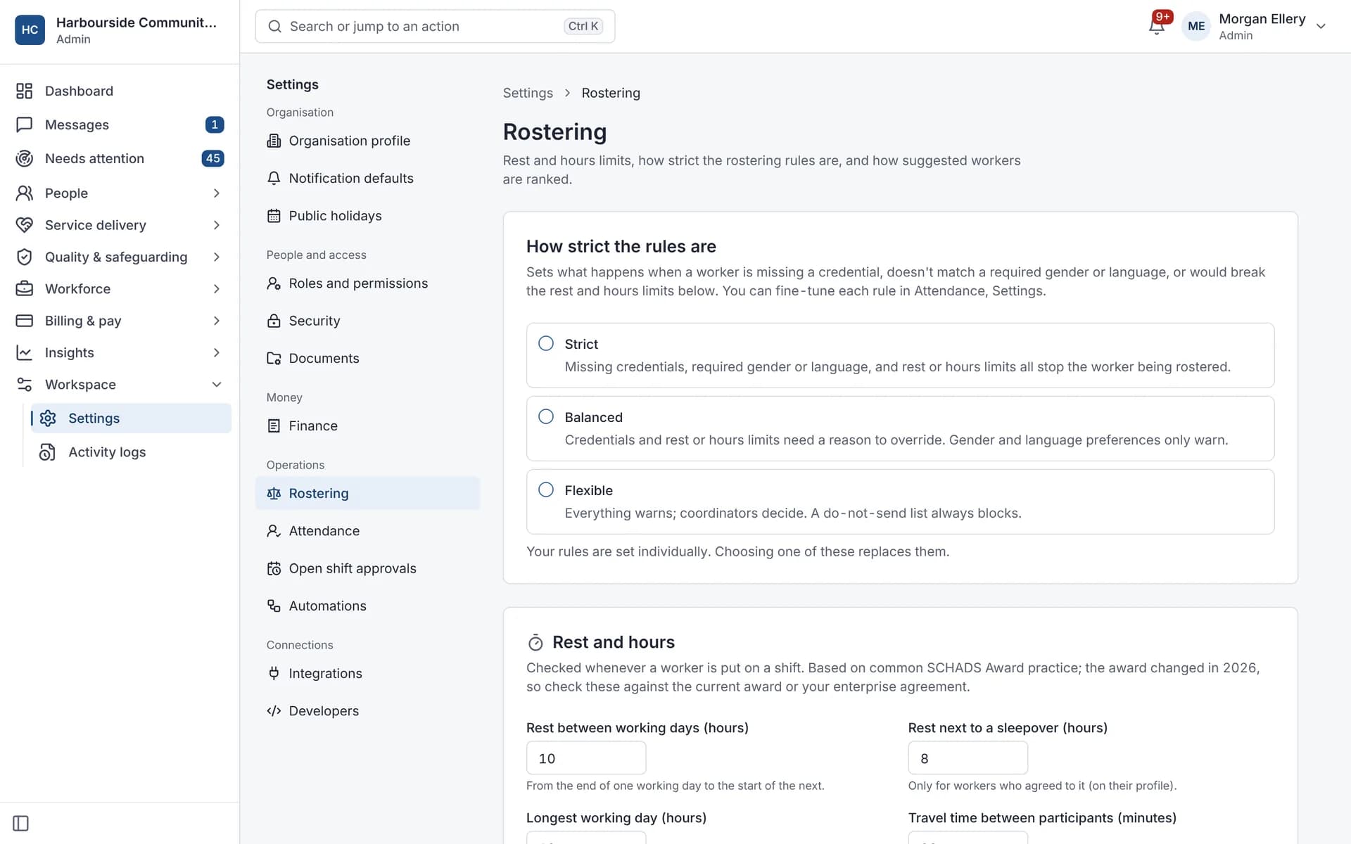 Rostering settings: strict, balanced or flexible, with rest and hours rules.