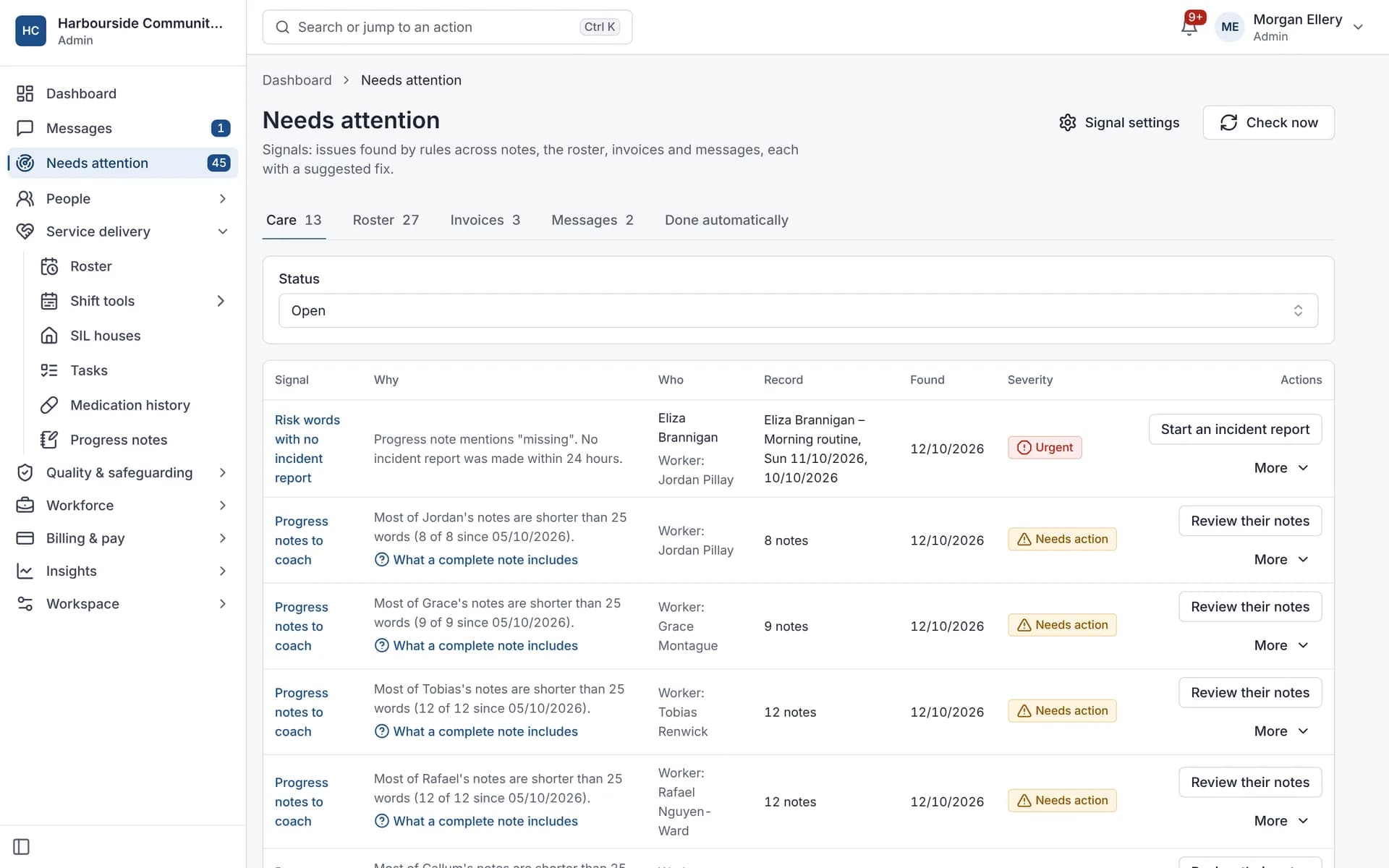 Needs attention: rule-based checks such as a shift with no progress note or risk words with no incident report, each with the reason and a fix button.
