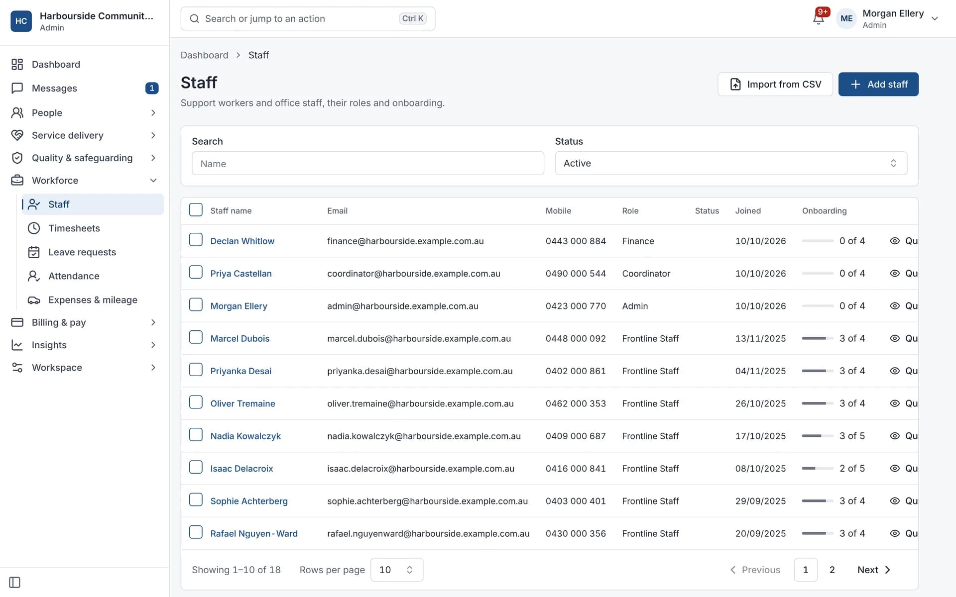 Staff list with each person's role and onboarding progress, and CSV import.