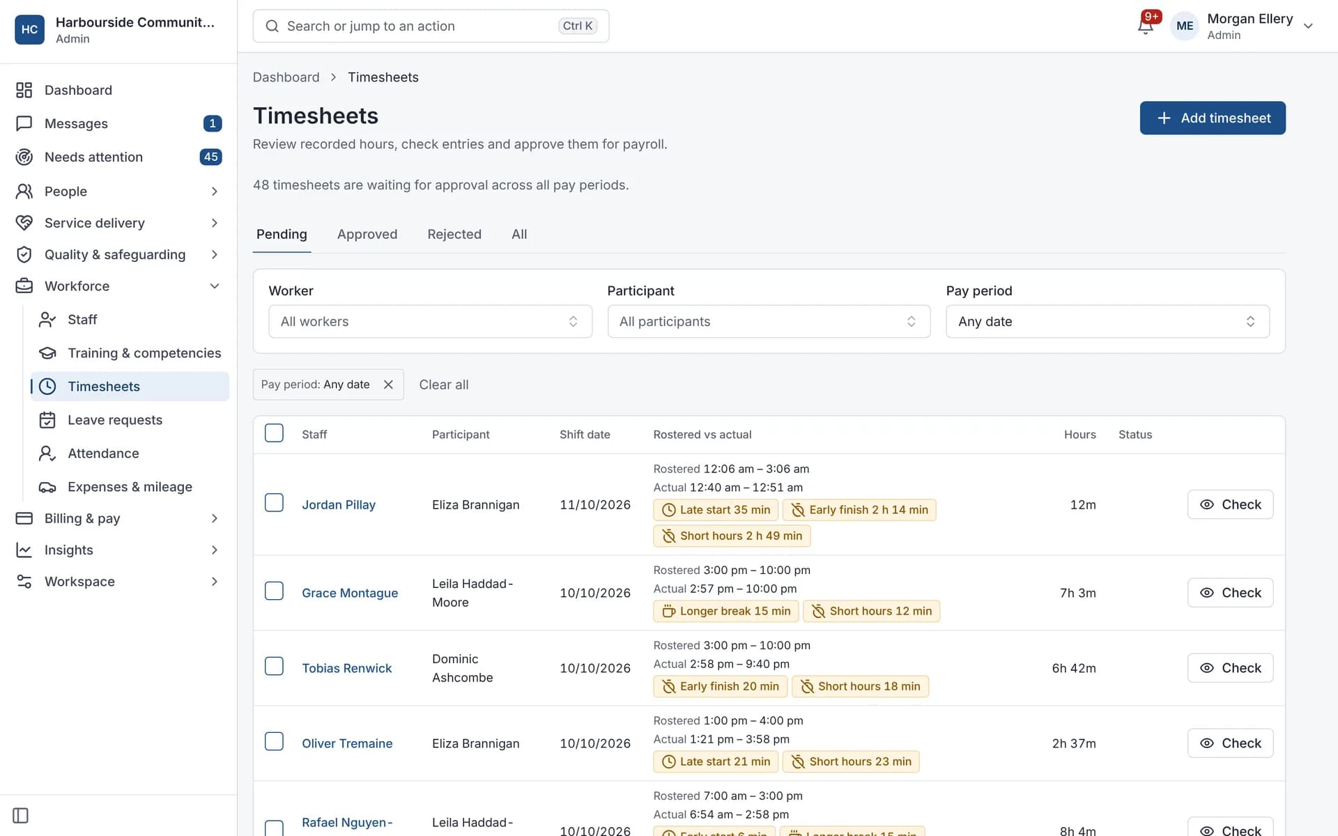 Timesheets awaiting approval, with late starts, early finishes, short hours and longer breaks flagged.