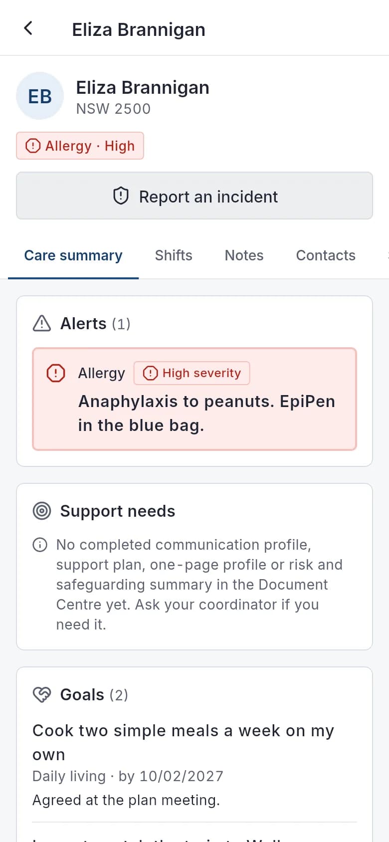 A participant's care details in the app: alerts, goals and what matters before a shift.