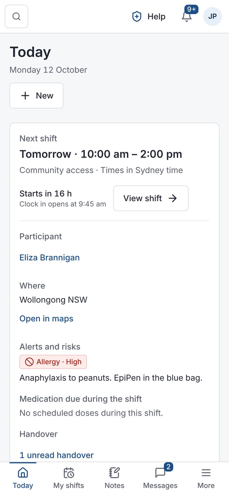 The Frontline Centre on a phone: the next shift, the address and an allergy alert.
